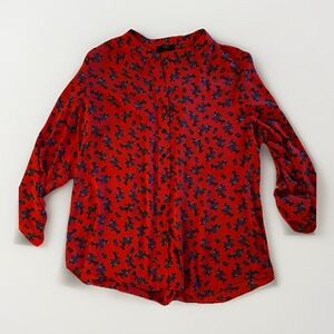 Tahari Red Button Down‎ Blouse Top V-Neck Gathered Long Sleeves Women's Large